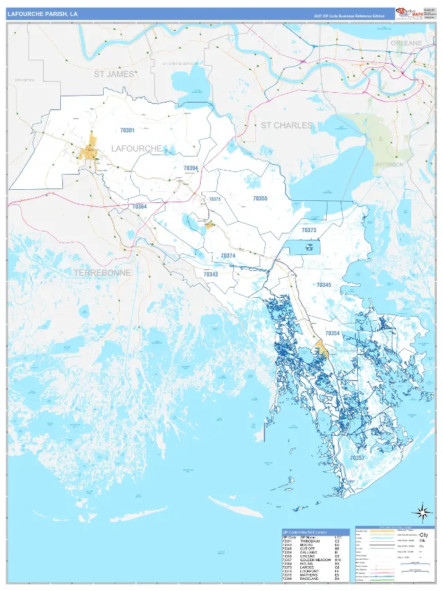 Lafourche County, LA ZIP Code Wall Map, Business Reference style