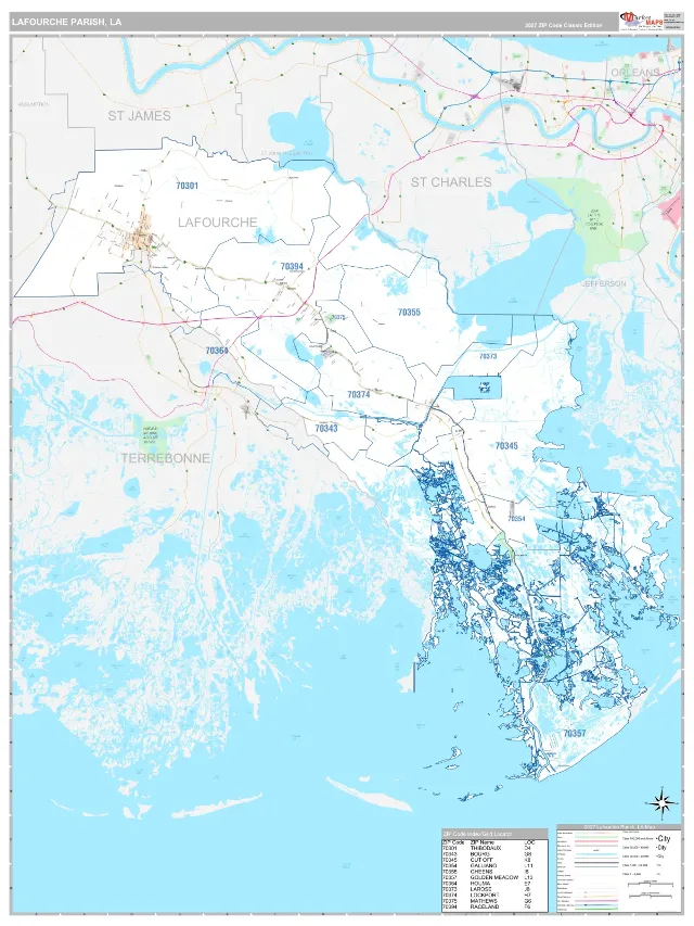 Lafourche County, LA ZIP Code Wall Map, Classic style