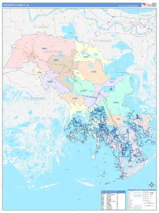 Lafourche County, LA ColorCast style ZIP Code wall map