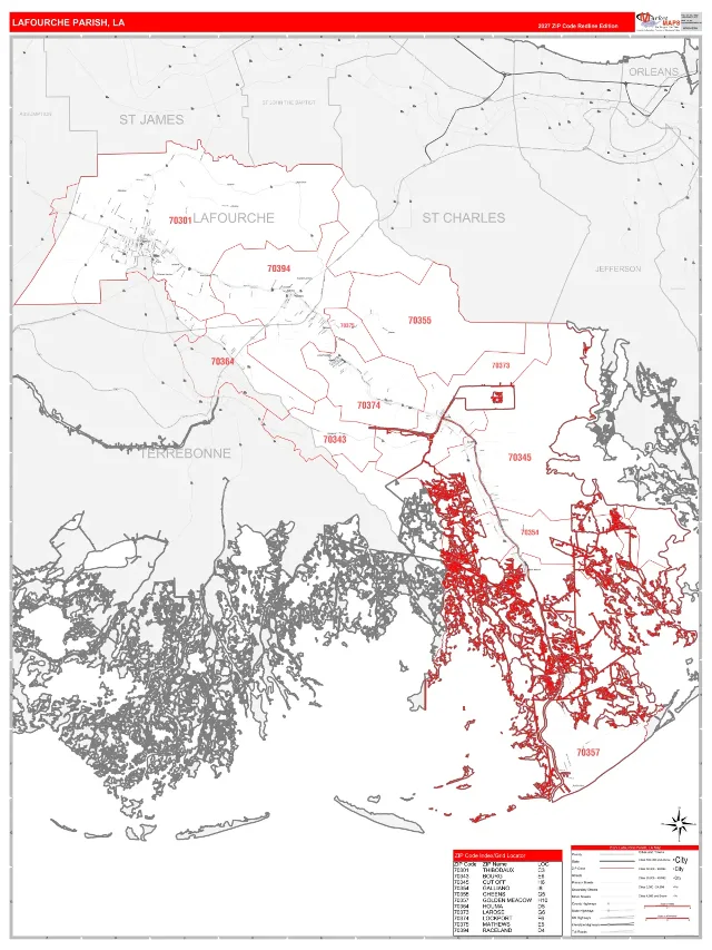 Lafourche County, LA ZIP Code Wall Map, RedLine style