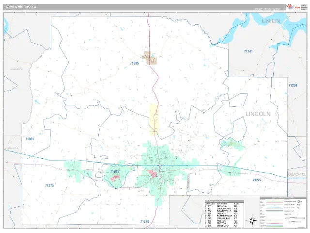 Lincoln County, LA ZIP Code Wall Map, Classic style