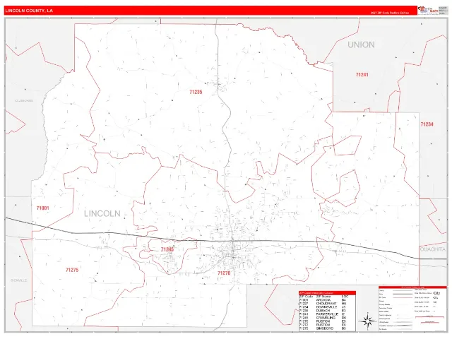 Lincoln County, LA ZIP Code Wall Map, RedLine style