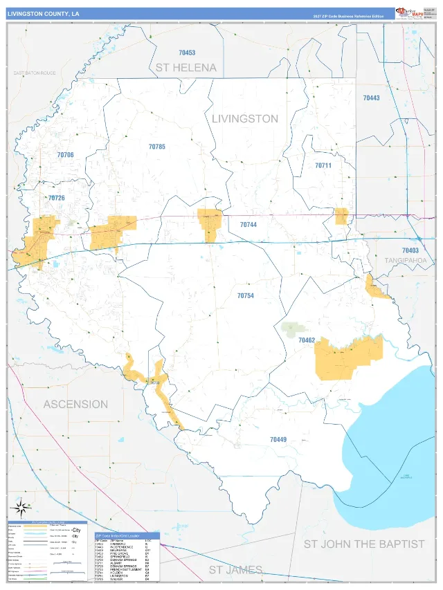 Livingston County, LA ZIP Code Wall Map, Business Reference style