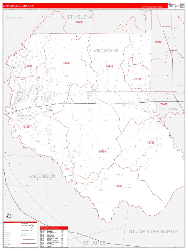 Livingston County, LA ZIP Code Wall Map, RedLine style