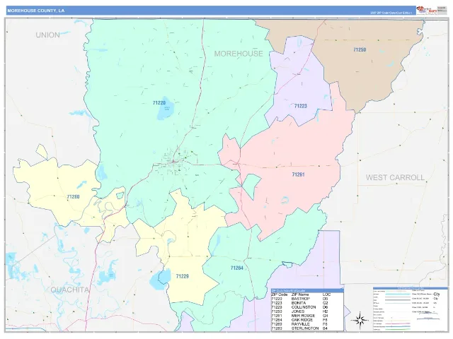 Morehouse County, LA ZIP Code Wall Map, ColorCast style