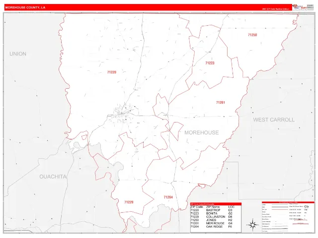Morehouse County, LA ZIP Code Wall Map, RedLine style