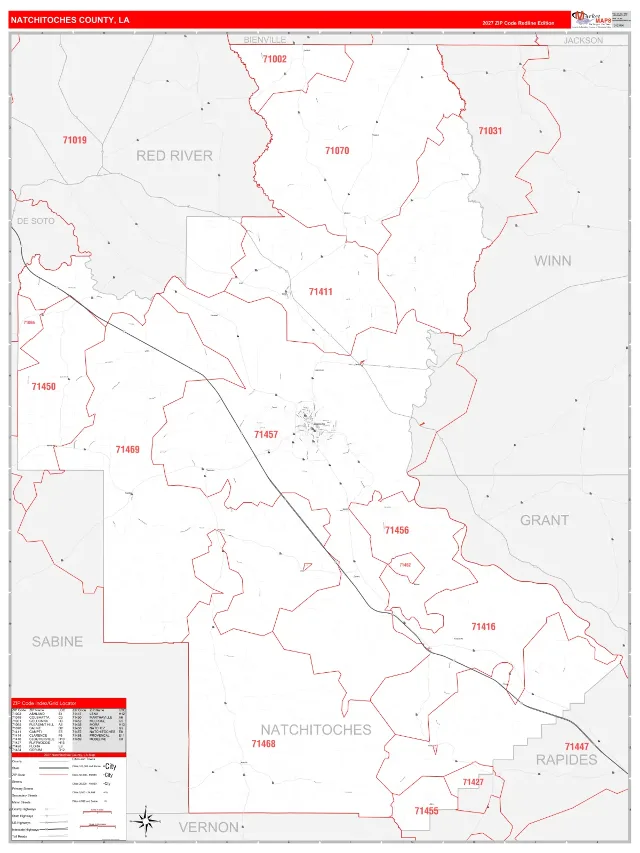 Natchitoches County, LA ZIP Code Wall Map, RedLine style