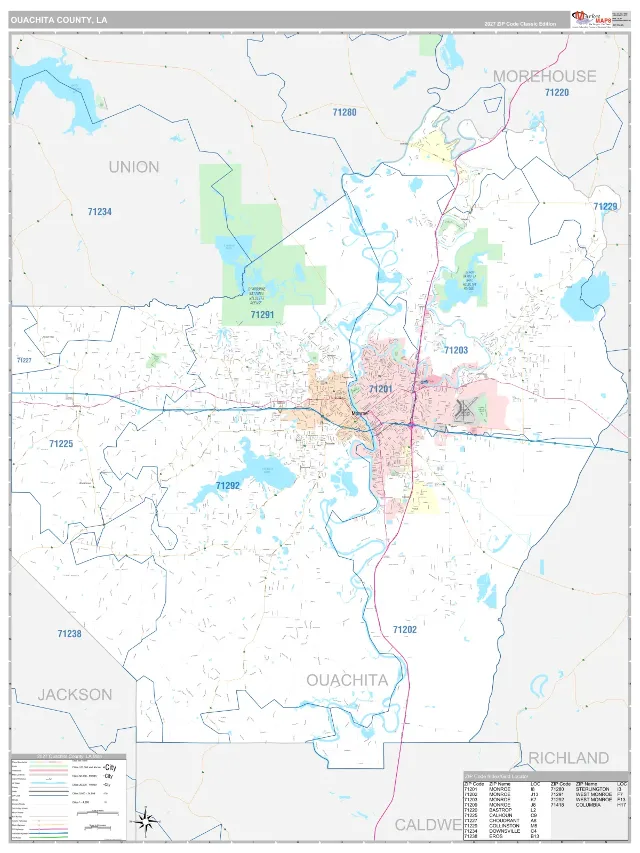 Ouachita County, LA ZIP Code Wall Map, Classic style