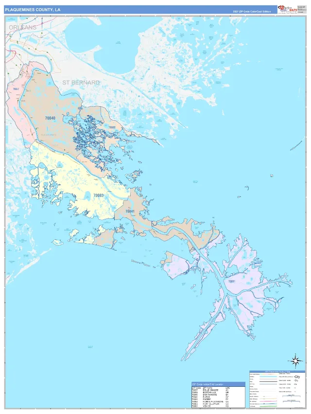 Plaquemines County, LA ZIP Code Wall Map, ColorCast style