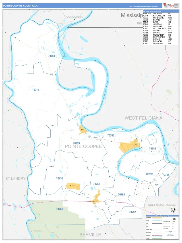 Pointe Coupee County, LA ZIP Code Wall Map, Business Reference style