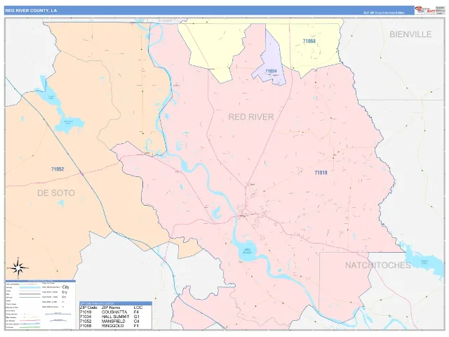 Red River County, LA ZIP Code Wall Map, ColorCast style