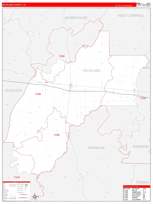 Richland County, LA ZIP Code Wall Map, RedLine style