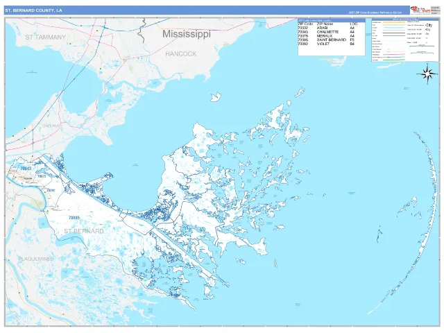 St. Bernard County, LA ZIP Code Wall Map, Business Reference style