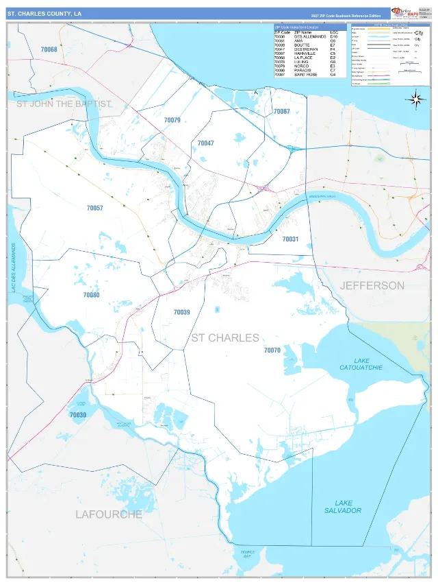 St. Charles County, LA ZIP Code Wall Map, Business Reference style