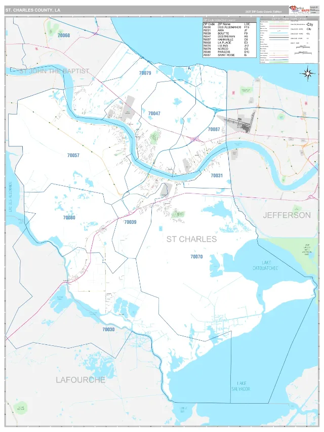 St. Charles County, LA ZIP Code Wall Map, Classic style