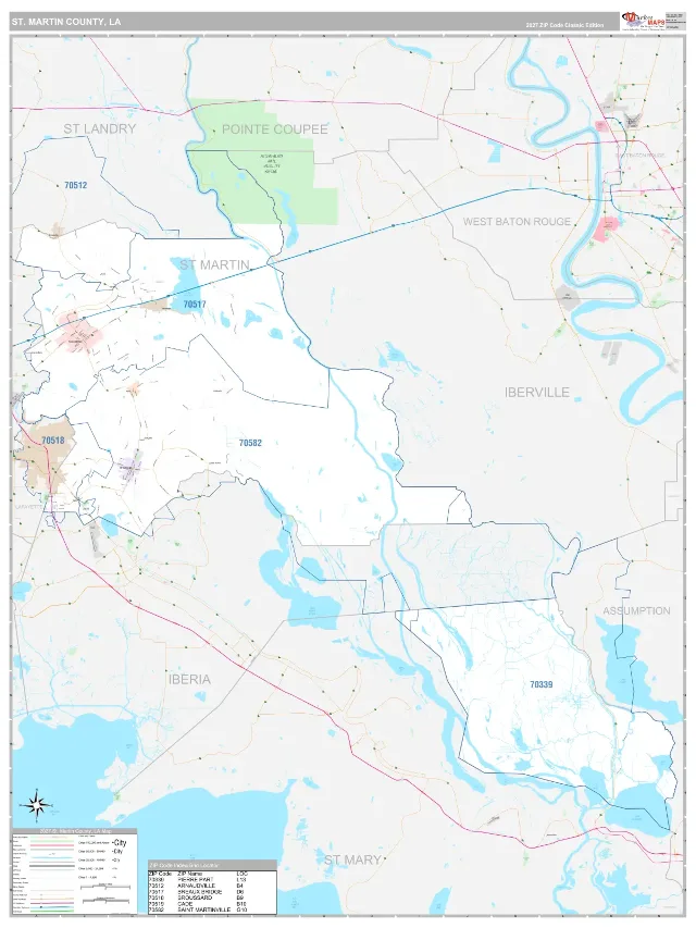 St. Martin County, LA ZIP Code Wall Map, Classic style