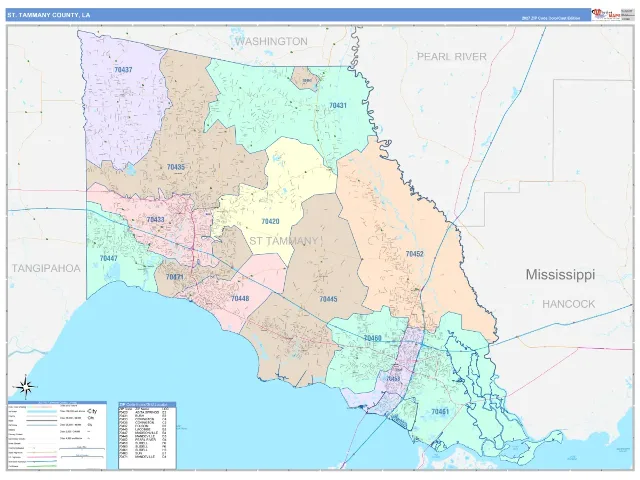St. Tammany County, LA ZIP Code Wall Map, ColorCast style