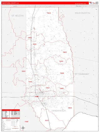 Tangipahoa County, LA RedLine style ZIP Code wall map