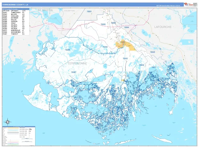 Terrebonne County, LA ZIP Code Wall Map, Business Reference style
