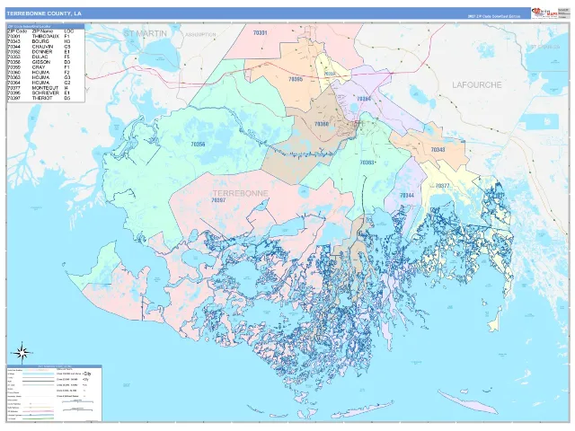 Terrebonne County, LA ZIP Code Wall Map, ColorCast style