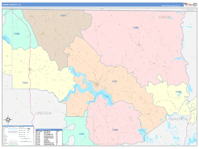 Union County, LA ZIP Code Wall Map, ColorCast style