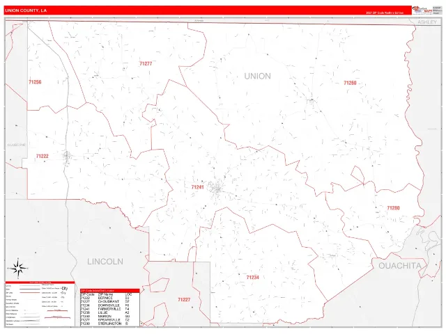Union County, LA ZIP Code Wall Map, RedLine style