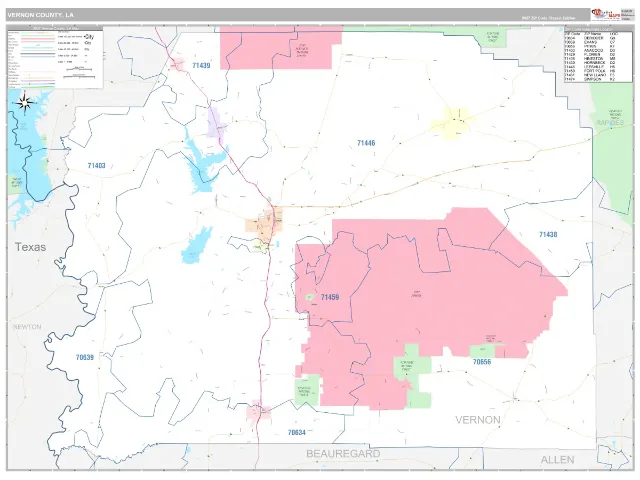 Vernon County, LA ZIP Code Wall Map, Classic style