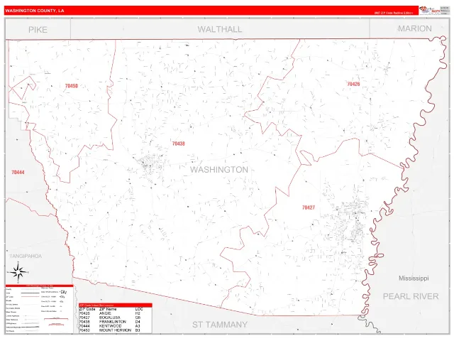 Washington County, LA ZIP Code Wall Map, RedLine style