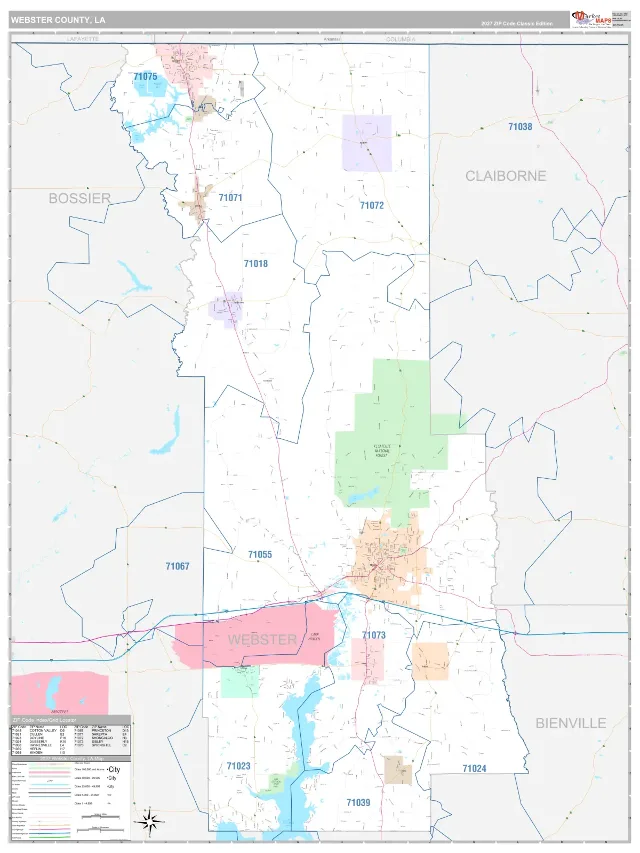 Webster County, LA ZIP Code Wall Map, Classic style