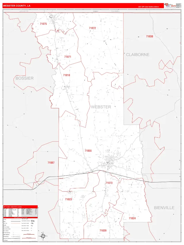 Webster County, LA ZIP Code Wall Map, RedLine style