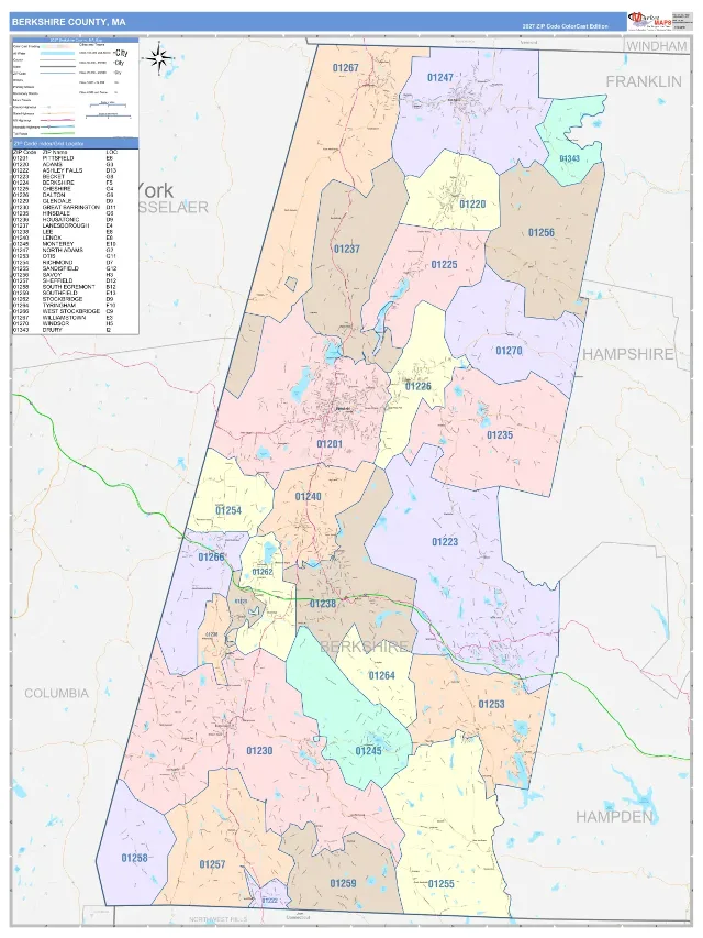 Berkshire County, MA ZIP Code Wall Map, ColorCast style