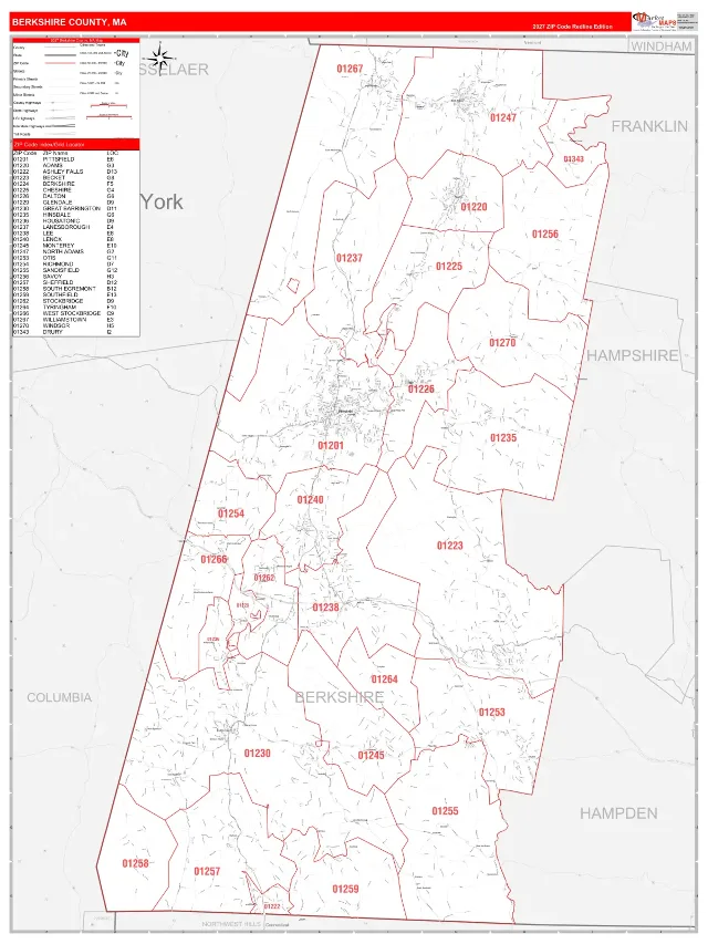 Berkshire County, MA ZIP Code Wall Map, RedLine style