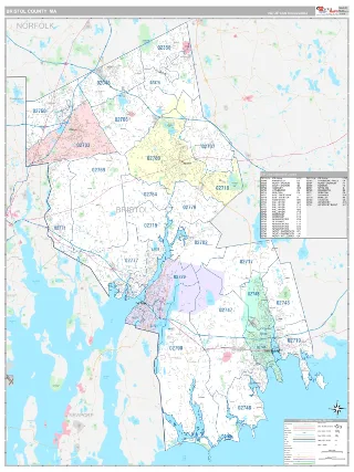 Bristol County, MA Classic style ZIP Code wall map