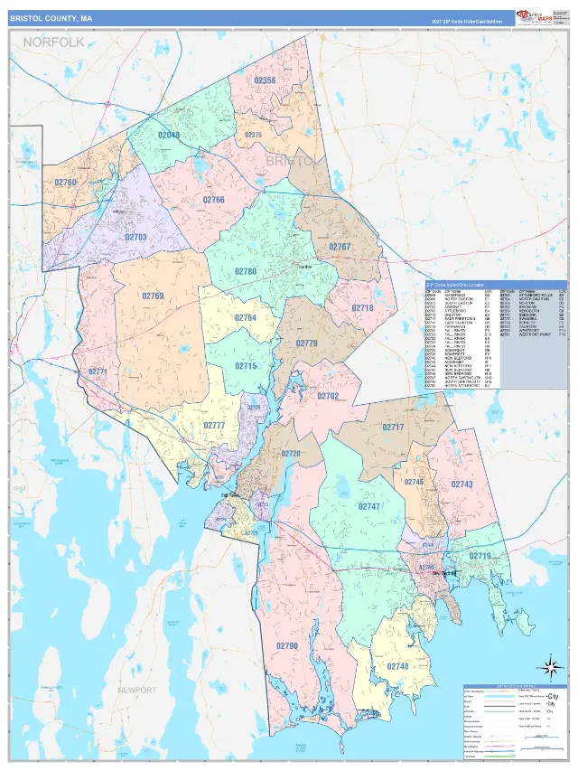 Bristol County, MA ZIP Code Wall Map, ColorCast style