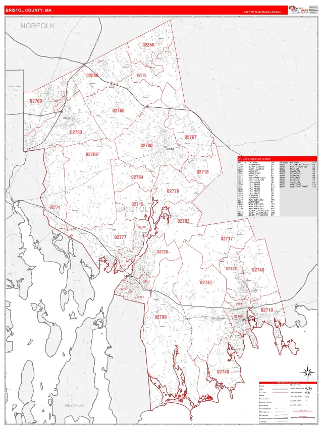 Bristol County, MA ZIP Code Wall Map, RedLine style