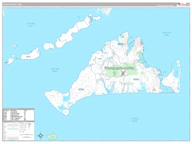 Dukes County, MA ZIP Code Wall Map, Classic style