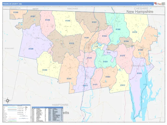 Franklin County, MA ZIP Code Wall Map, ColorCast style