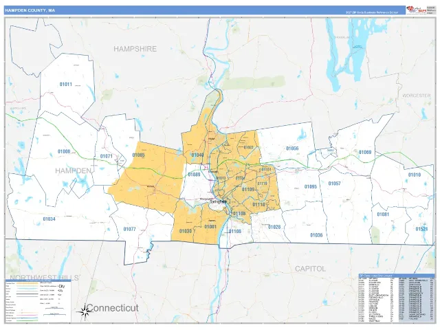 Hampden County, MA ZIP Code Wall Map, Business Reference style