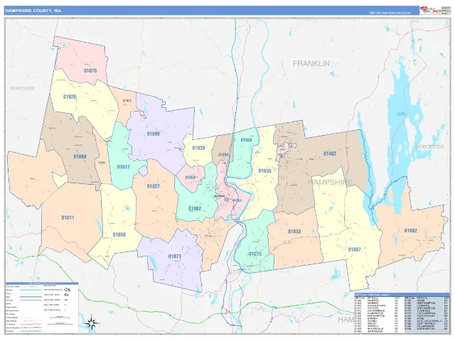 Hampshire County, MA ZIP Code Wall Map, ColorCast style