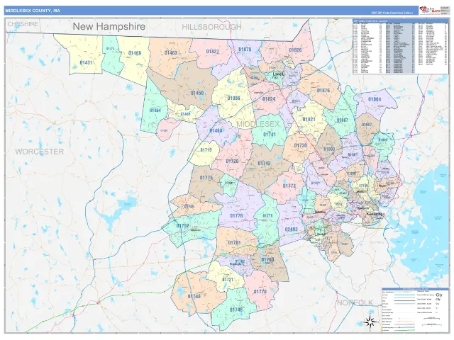 Middlesex County, MA ZIP Code Wall Map, ColorCast style