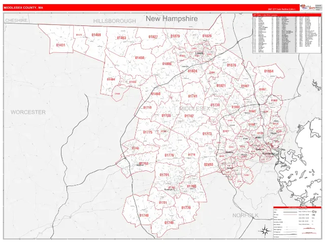 Middlesex County, MA ZIP Code Wall Map, RedLine style