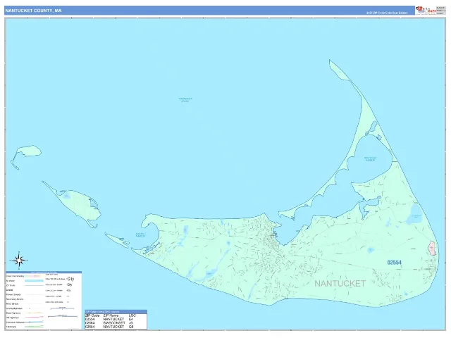 Nantucket County, MA ZIP Code Wall Map, ColorCast style