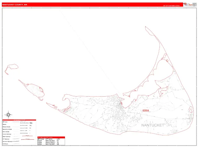 Nantucket County, MA ZIP Code Wall Map, RedLine style