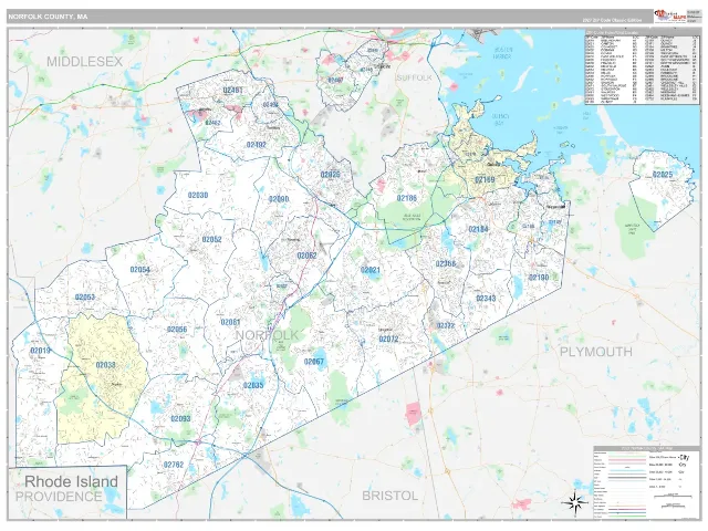 Norfolk County, MA ZIP Code Wall Map, Classic style