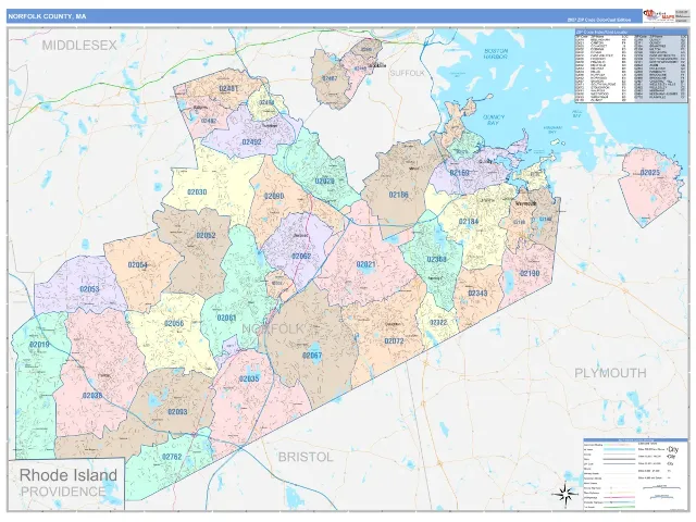 Norfolk County, MA ZIP Code Wall Map, ColorCast style