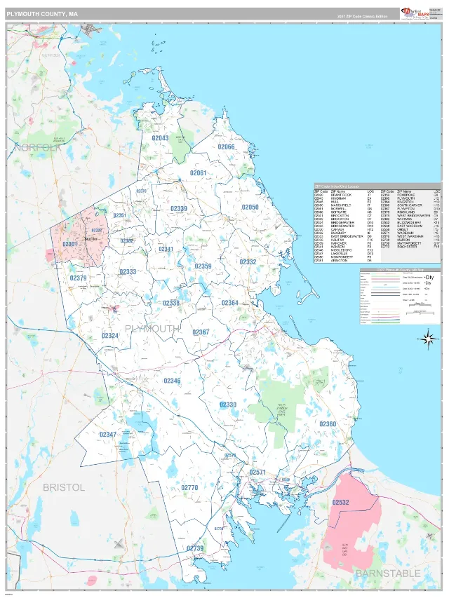 Plymouth County, MA ZIP Code Wall Map, Classic style
