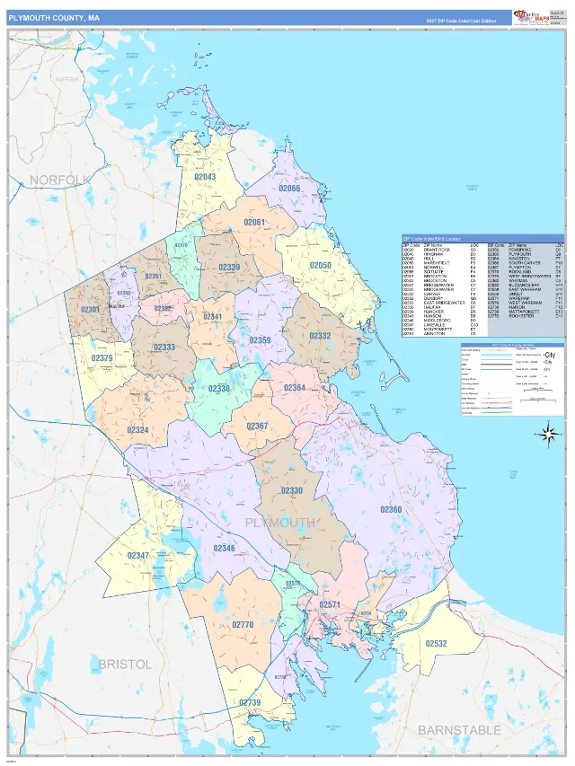 Plymouth County, MA ZIP Code Wall Map, ColorCast style