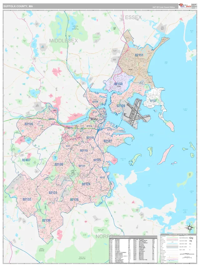 Suffolk County, MA ZIP Code Wall Map, Classic style