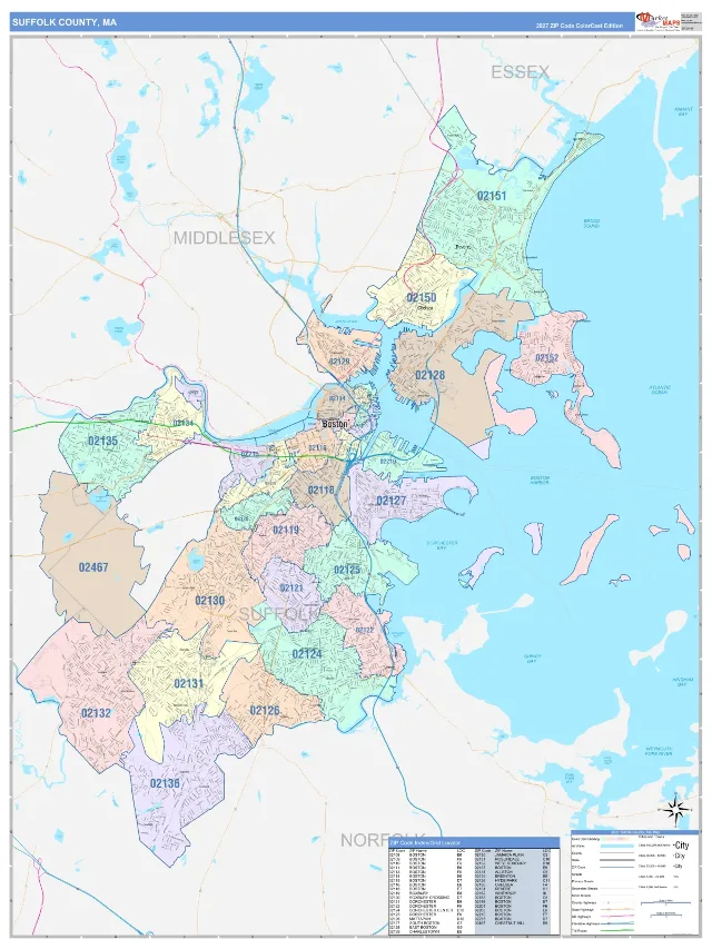 Suffolk County, MA ZIP Code Wall Map, ColorCast style