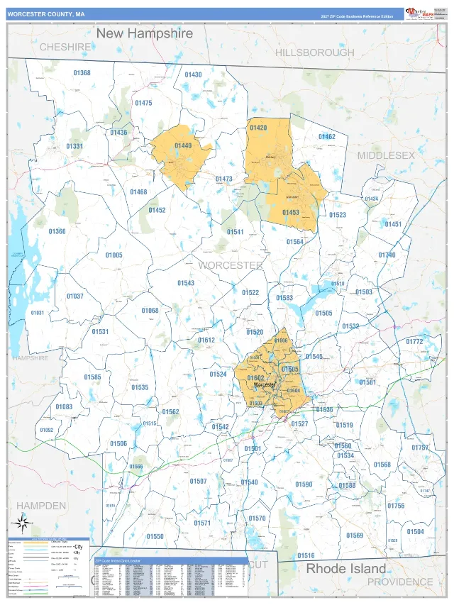 Worcester County, MA ZIP Code Wall Map, Business Reference style